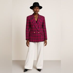 Vintage Pink Grey Plaid Wool Blend Double Breasted Blazer Jacket No Size Tag